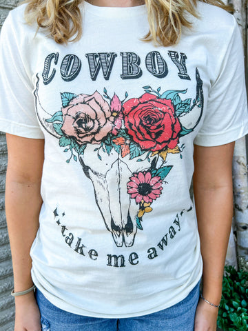“COWBOY TAKE ME AWAY” Flower Longhorn Graphic Tee