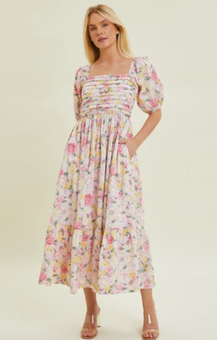 “Garden Tea Party” Maxi Puff Sleeve Floral Dress
