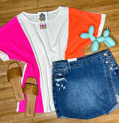 “NEON COLOR BLOCK TOP” Casual Rolled Sleeve Top