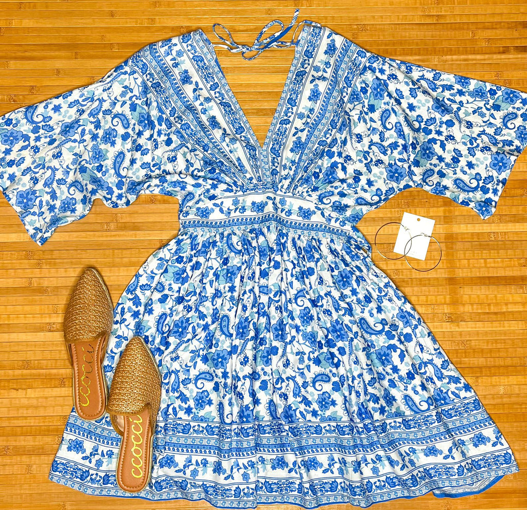 “SYDNEY DRESS” Blue and White Kimono Dress