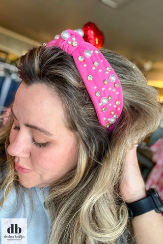 Rhinestone & Pearl Headband - Rosy Pink