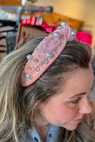 Rhinestone & Pearl Headband - Light Pink